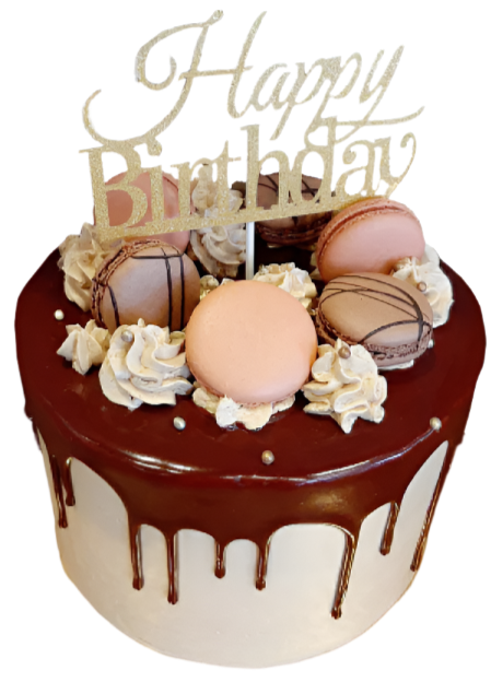 Cake Covered with Macarons and Chocolate Drizzle