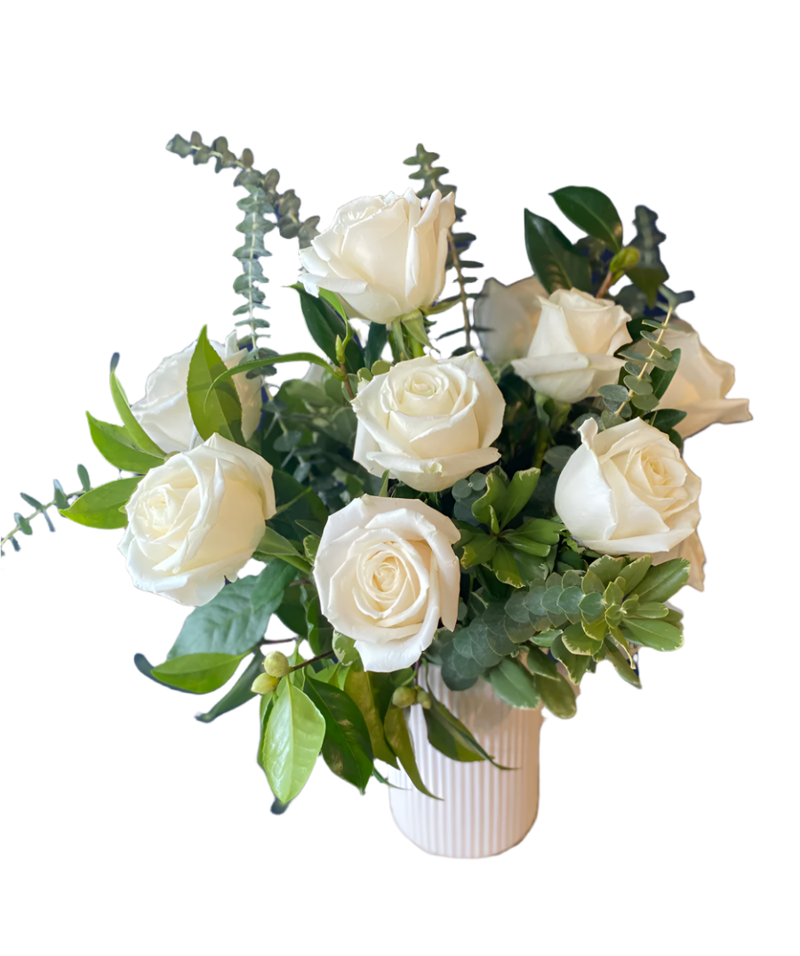 One Dozen White Roses in a Vase
