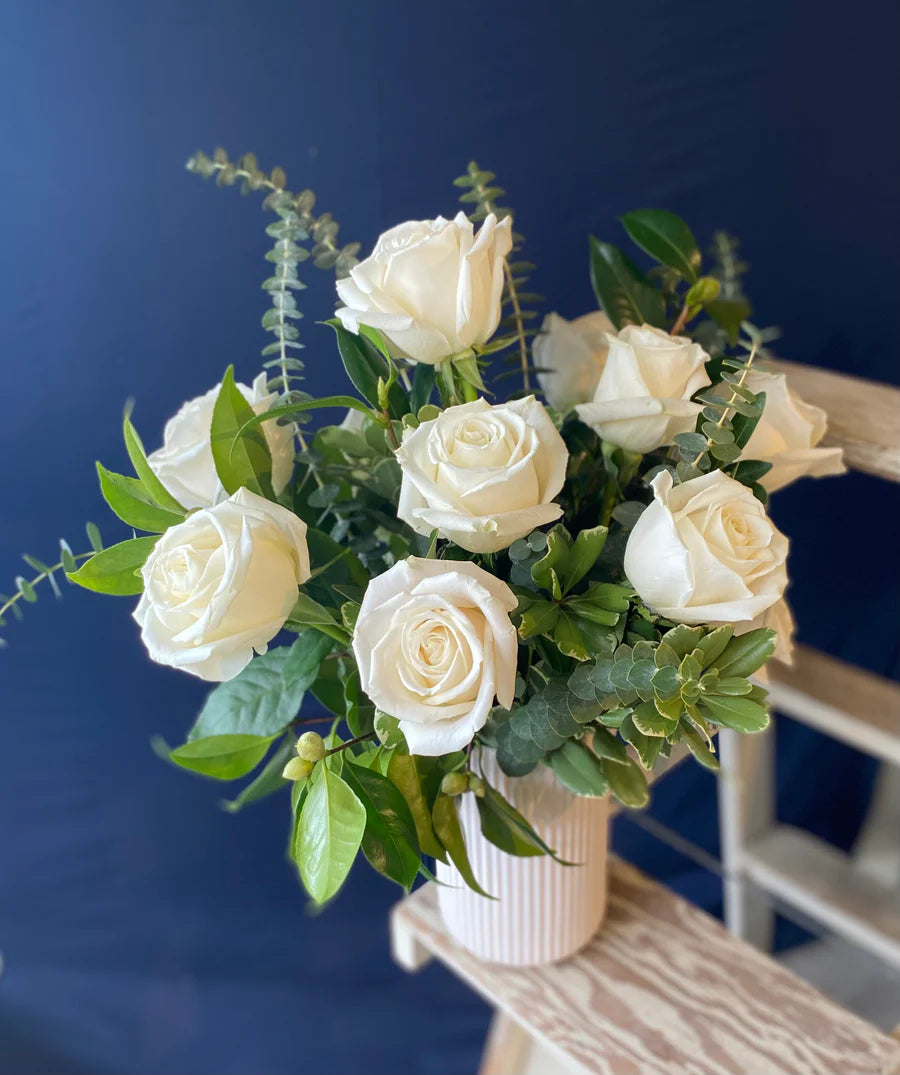 One Dozen White Roses in a Vase
